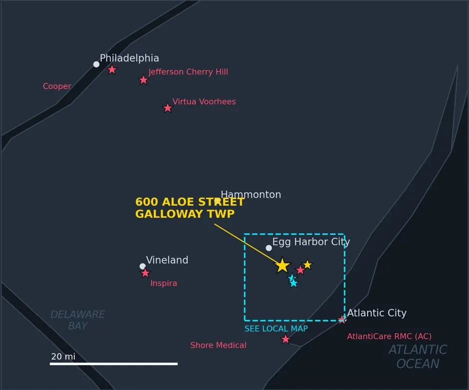 Regional map: Philadelphia, South Jersey, and Atlantic City with the site marked