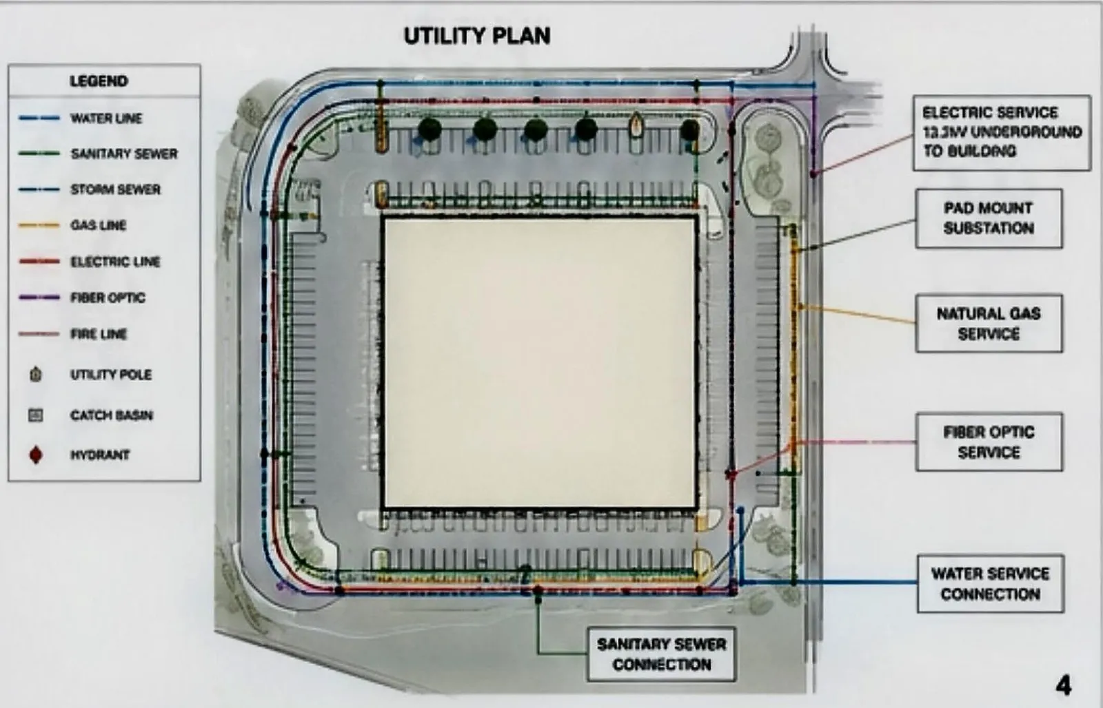 Concept utility plan showing electric, gas, fiber, water, and sewer service entries